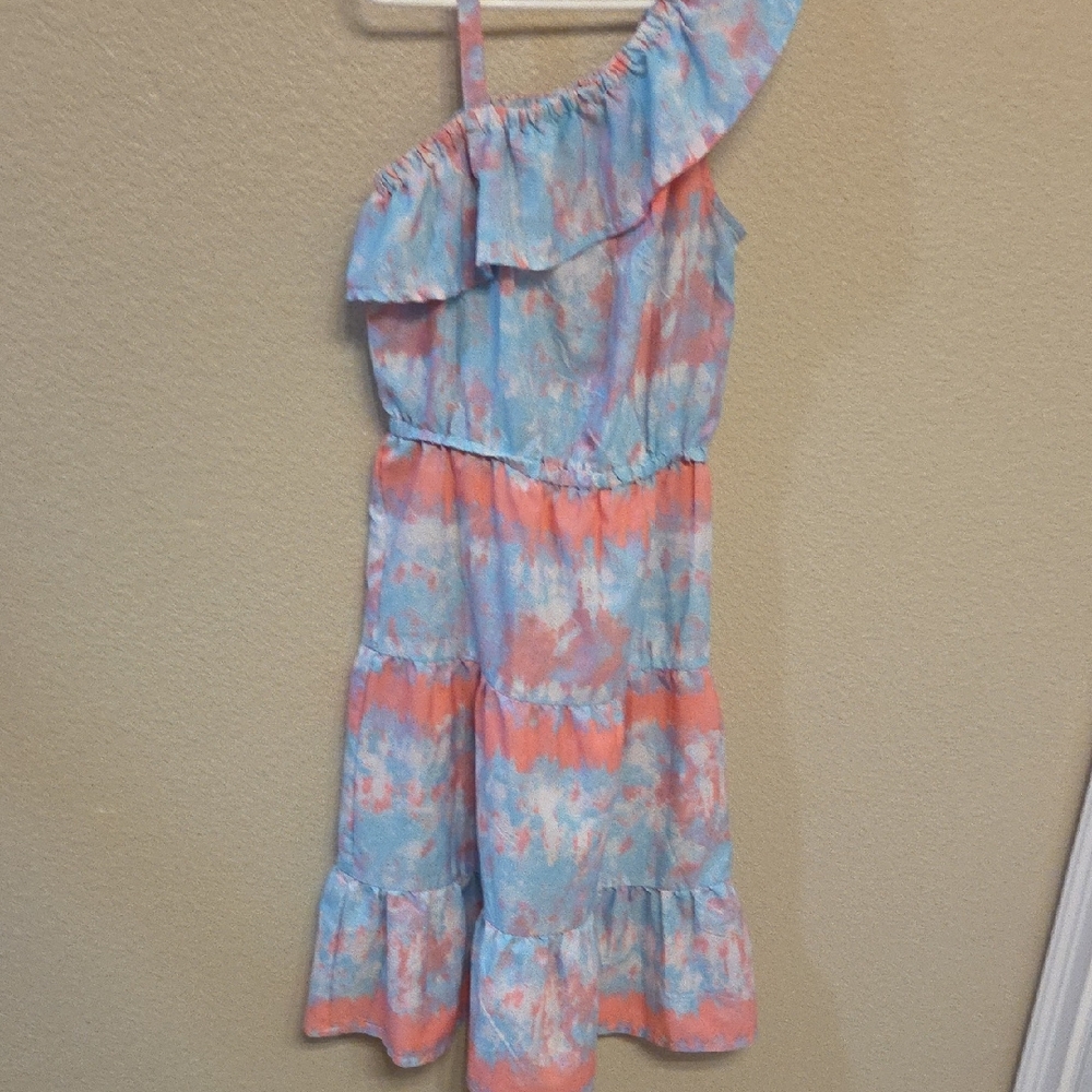 Freestyle One-Shoulder Ruffle Dress - Blue and Pink